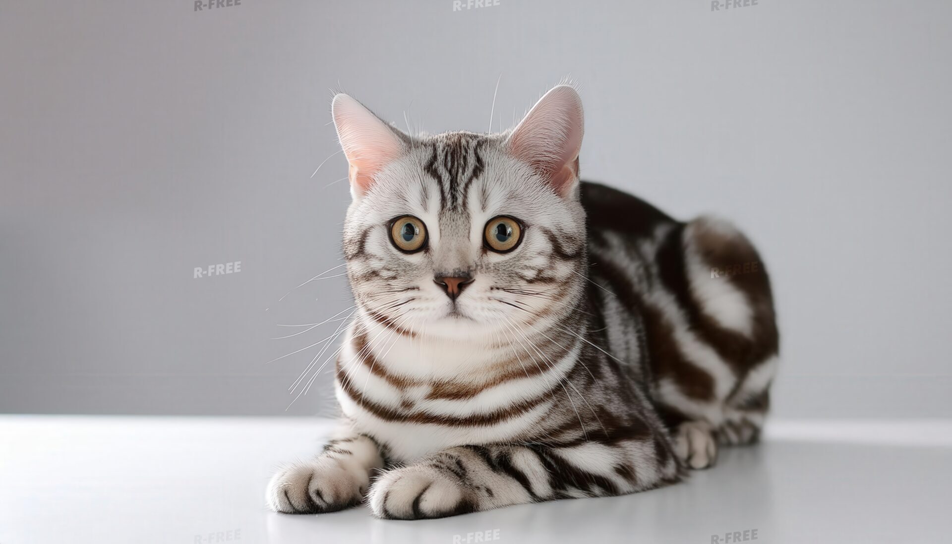 テーブルに伏せるアメリカンショートヘア、前足をそろえた白い床の猫