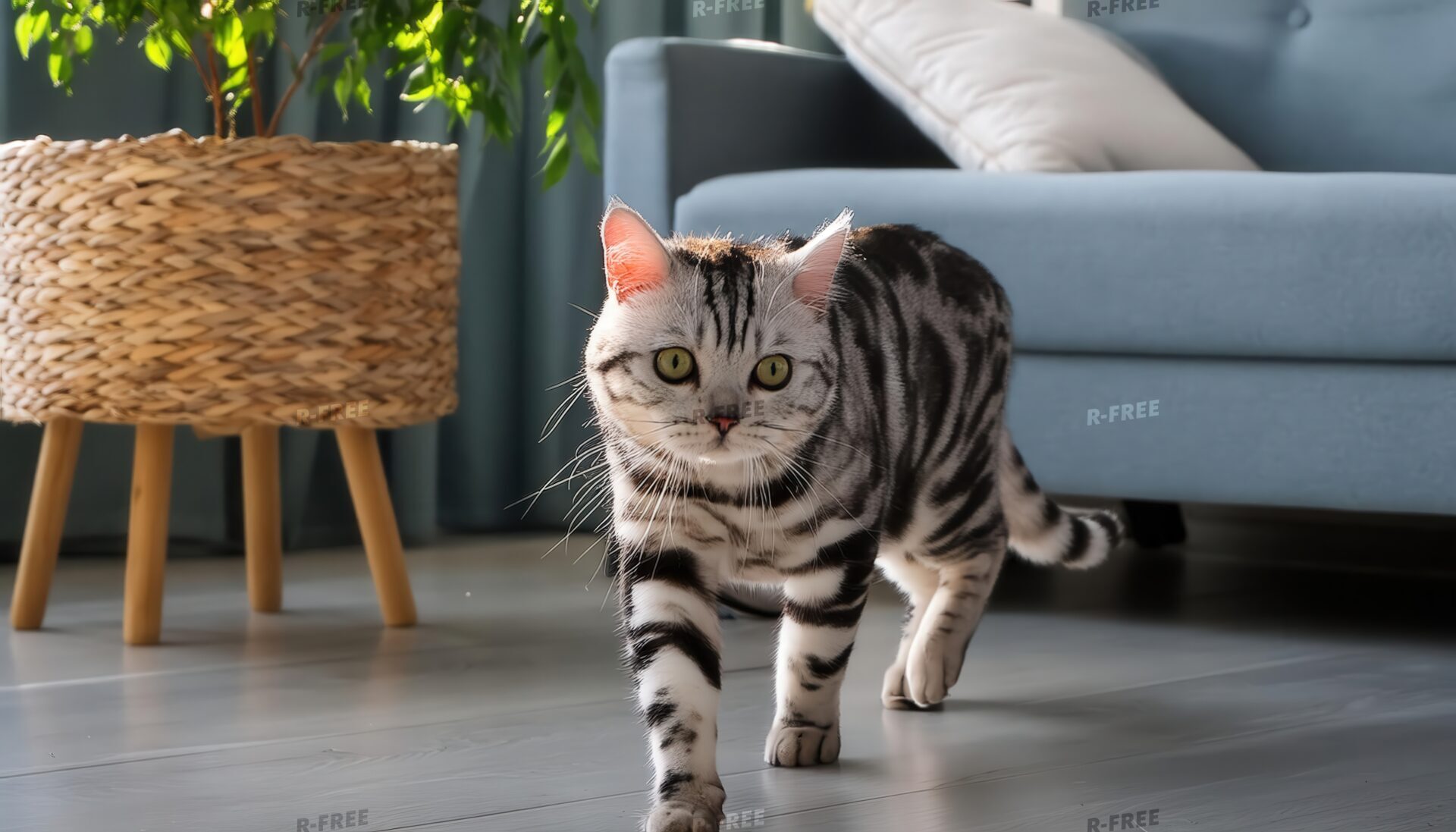 観葉植物とブルーソファのある室内猫