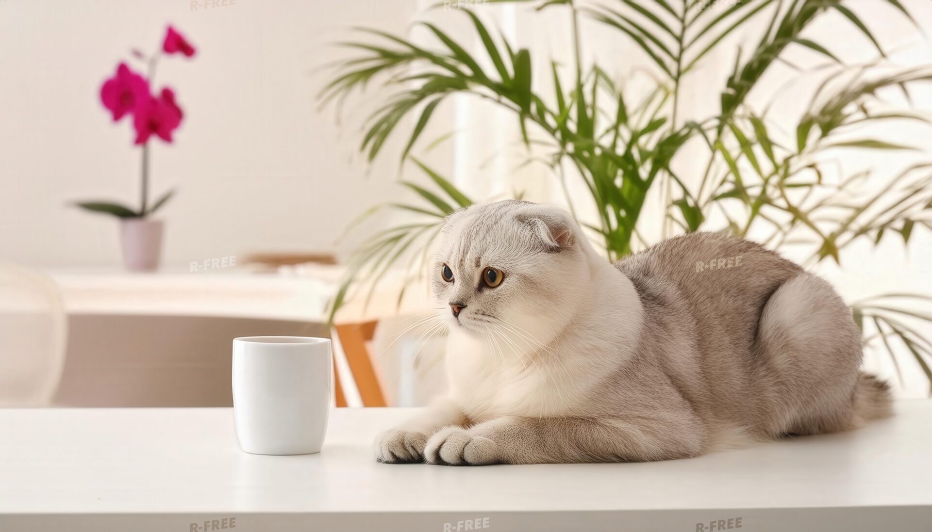 コップを見つめる猫と観葉植物