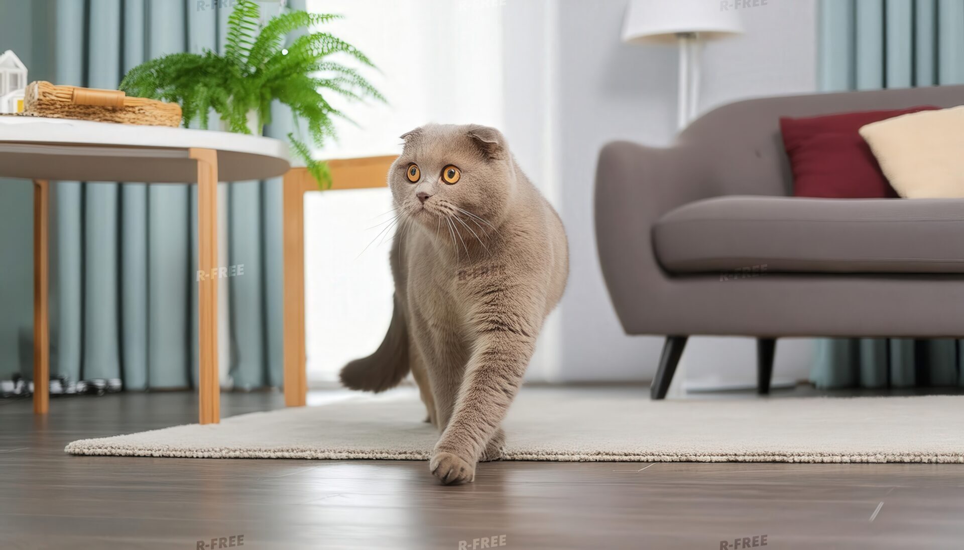 グレーソファと歩く猫