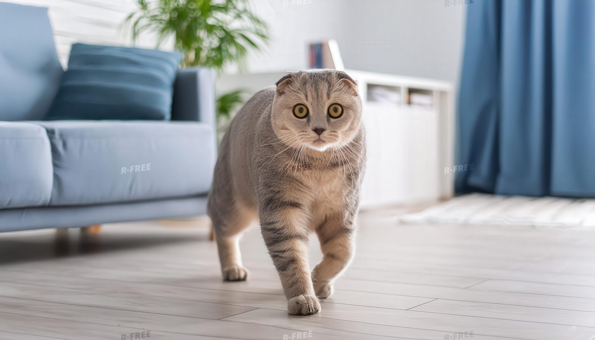 青いソファとくつろぐ猫