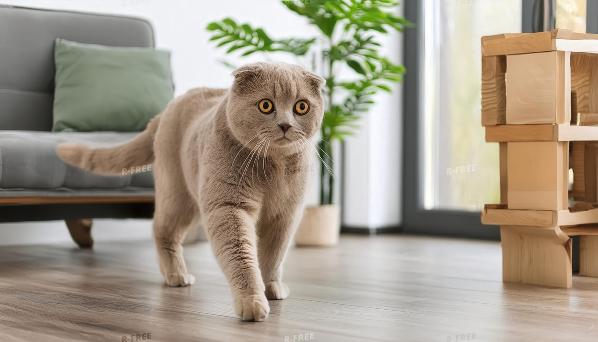 木製家具と歩く猫
