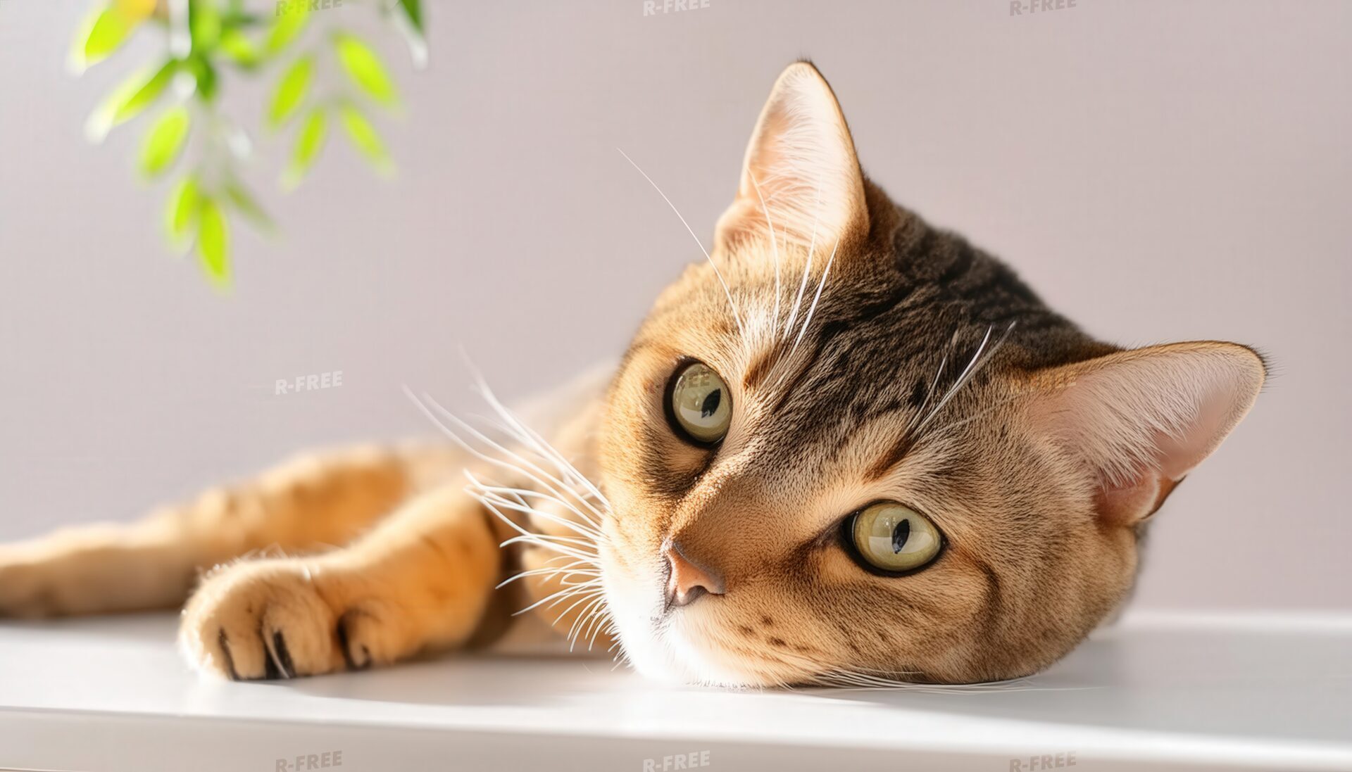 顔を傾けて見つめる縞模様の猫と緑の葉