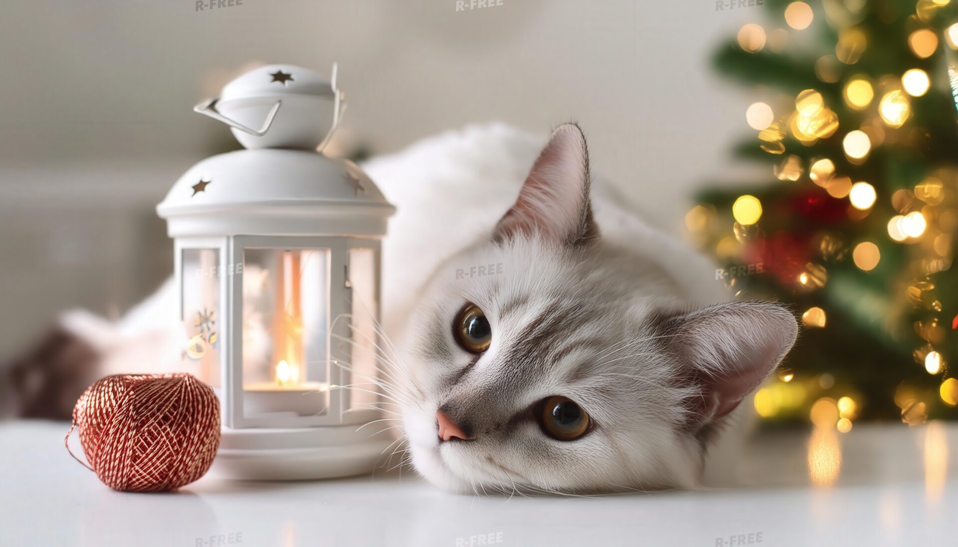 クリスマスツリーの横で寝そべる猫