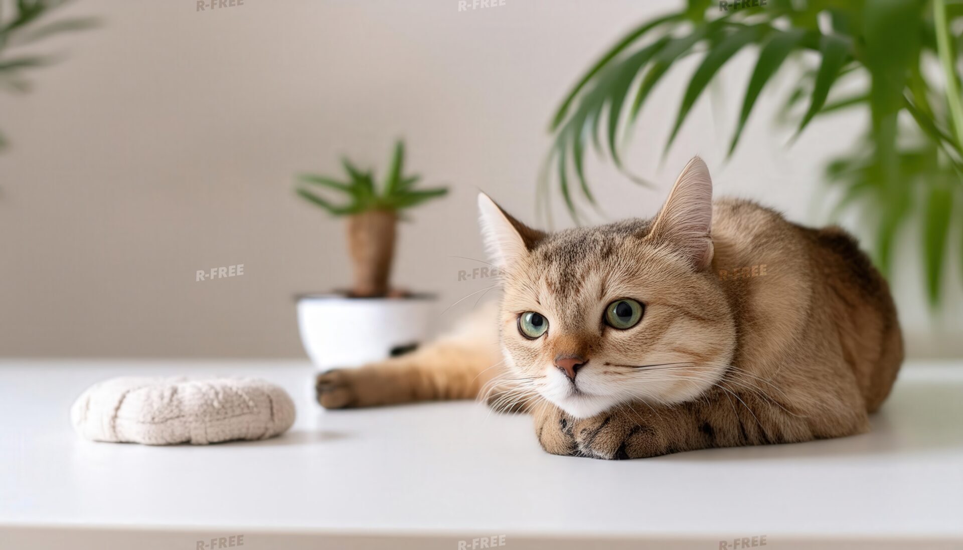 前足を伸ばして横たわる猫と白い鉢の観葉植物