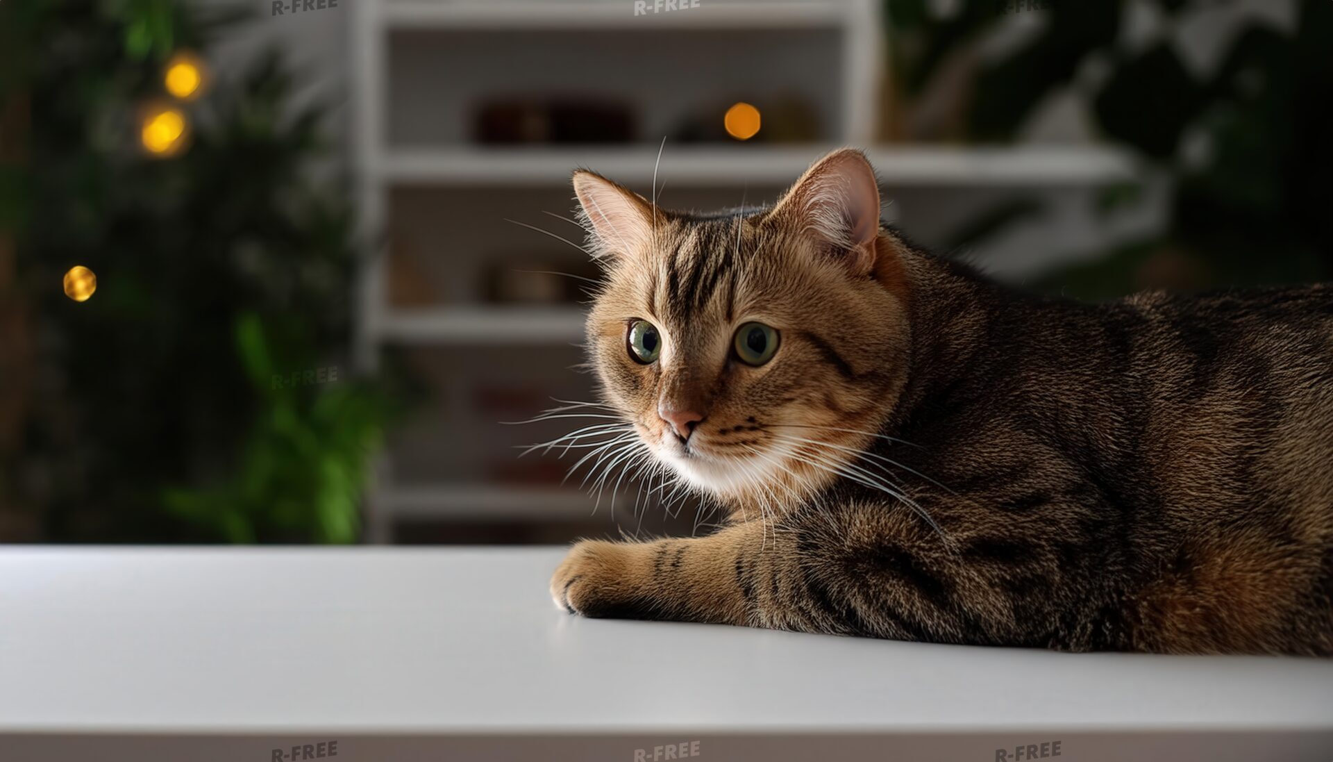 白いテーブルで正面を見る縞模様の猫と棚