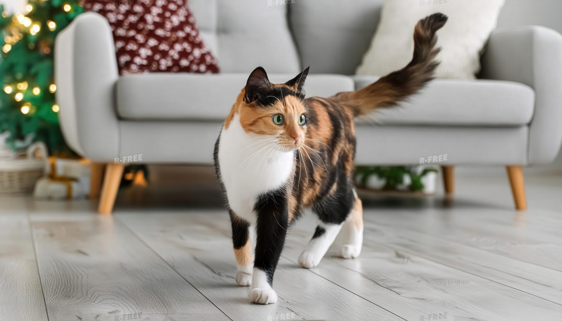 室内を歩く三毛猫とクリスマスツリー