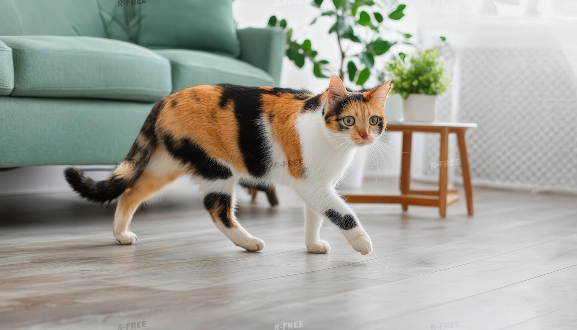 三毛猫の室内散歩（明るいリビング）