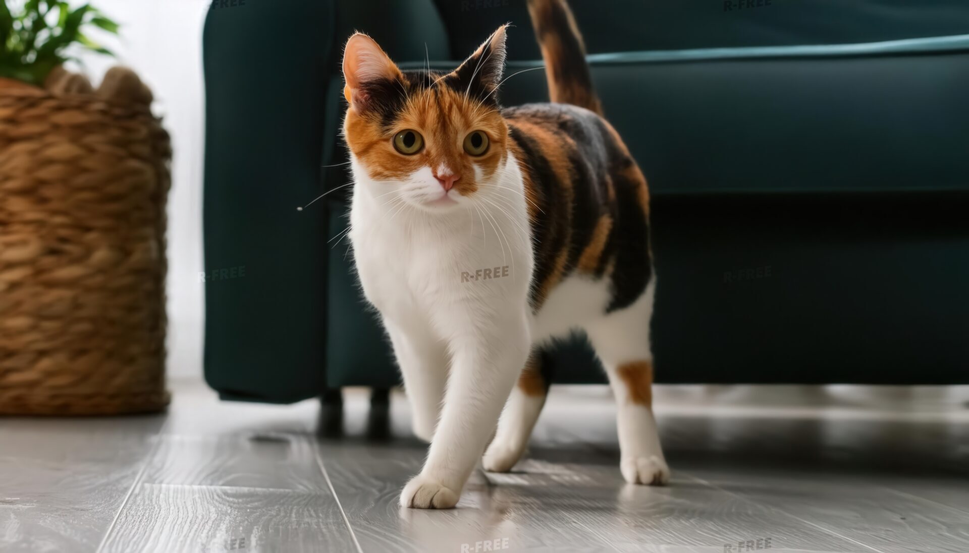 黒いソファの前を歩く三毛猫