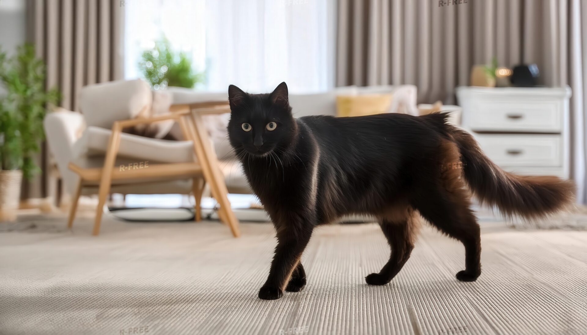 室内で歩く黒猫