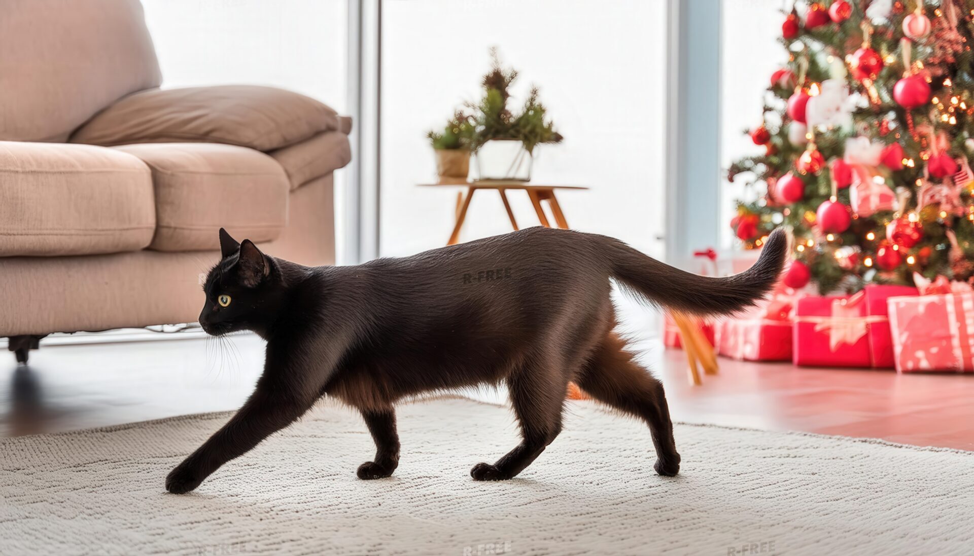 クリスマスの部屋を歩く黒猫
