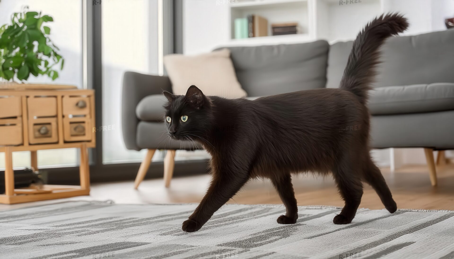明るい部屋を歩く黒猫