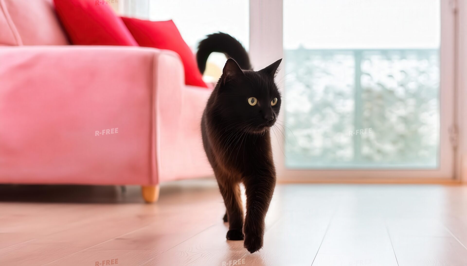 ピンクのソファと黒猫