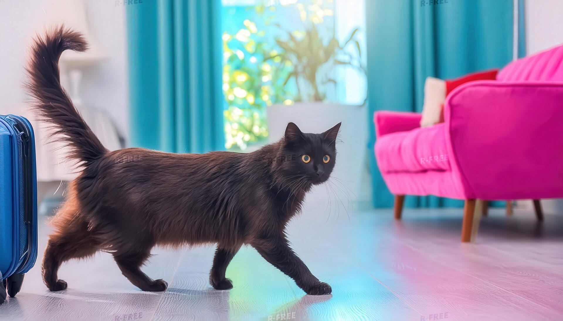 カラフルな部屋と黒猫