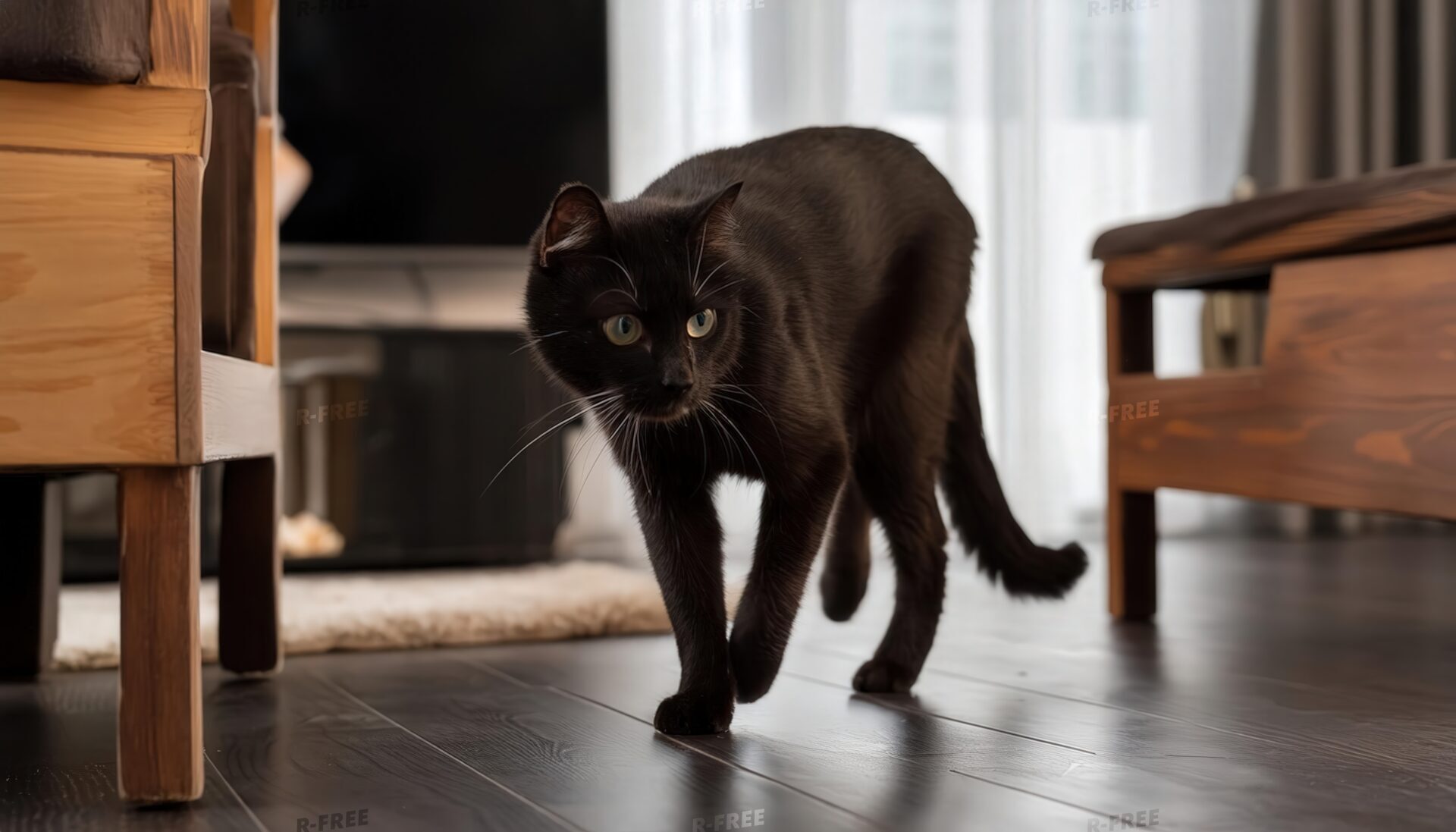 暗めの部屋を歩く黒猫