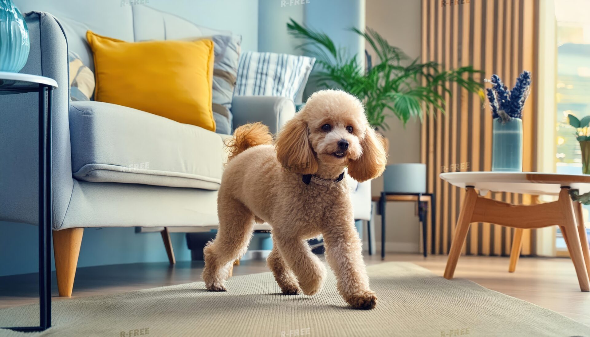 黒い飾りを付けた茶色のトイプードルが歩く明るい室内