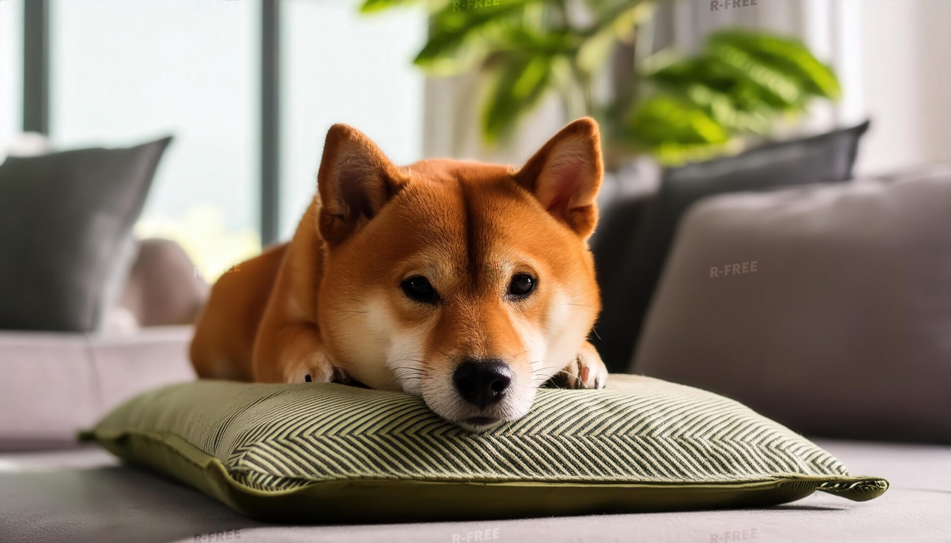 見上げる柴犬