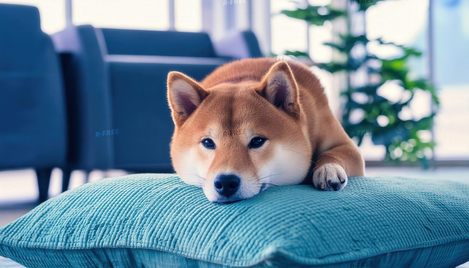 青いクッションで休む柴犬