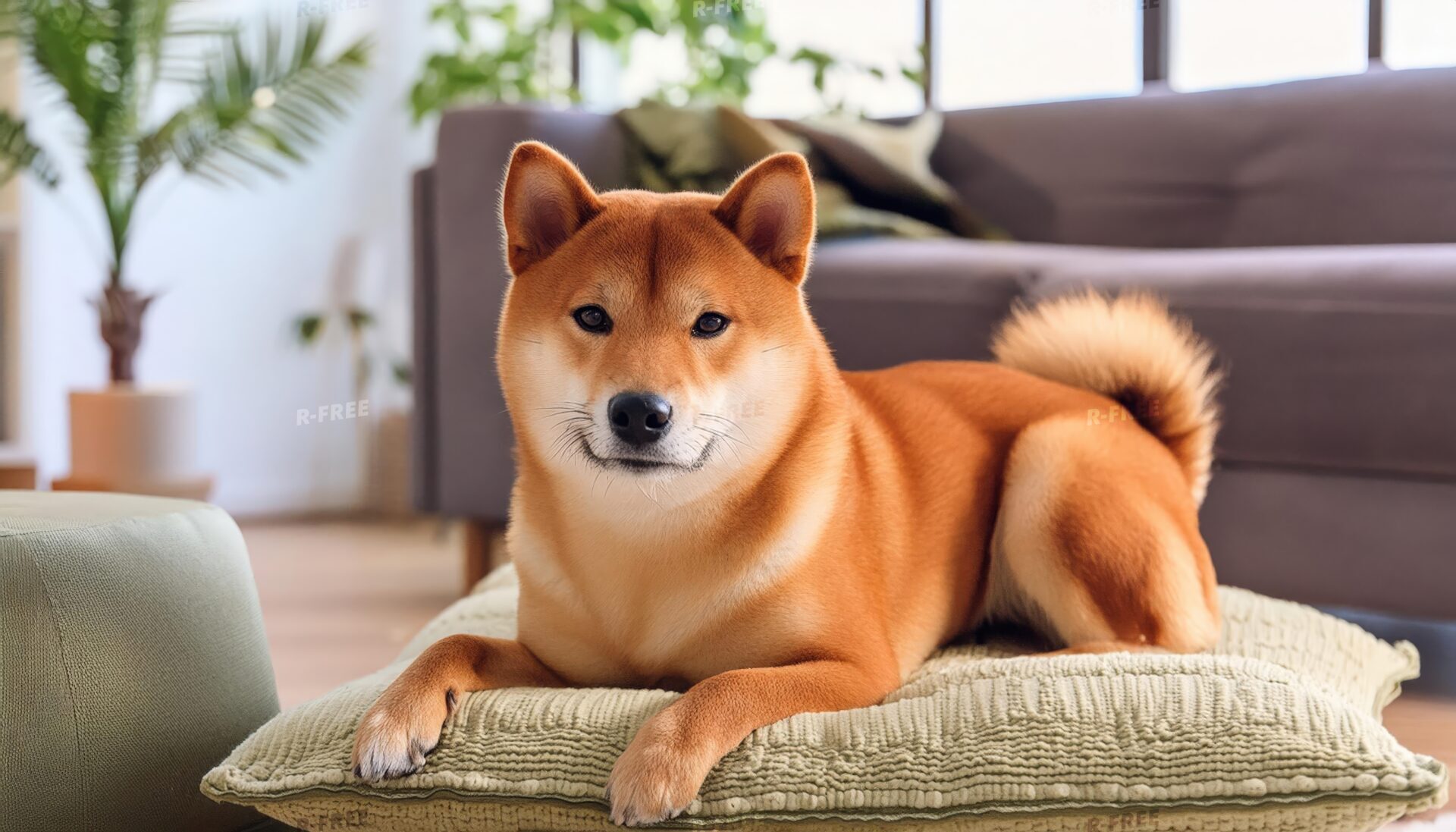 クッションの上に座る柴犬