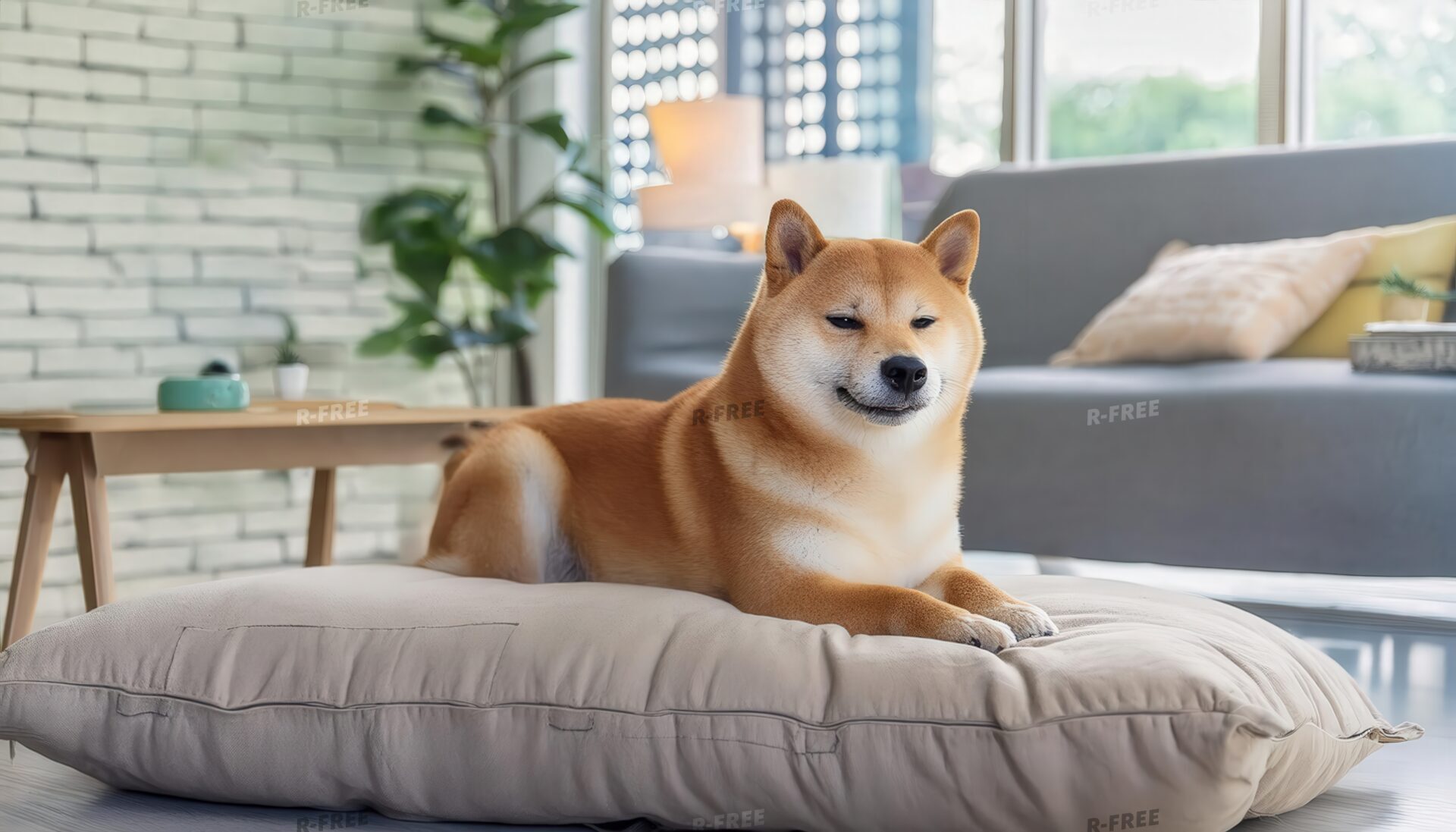 クッションに伏せて微笑む柴犬
