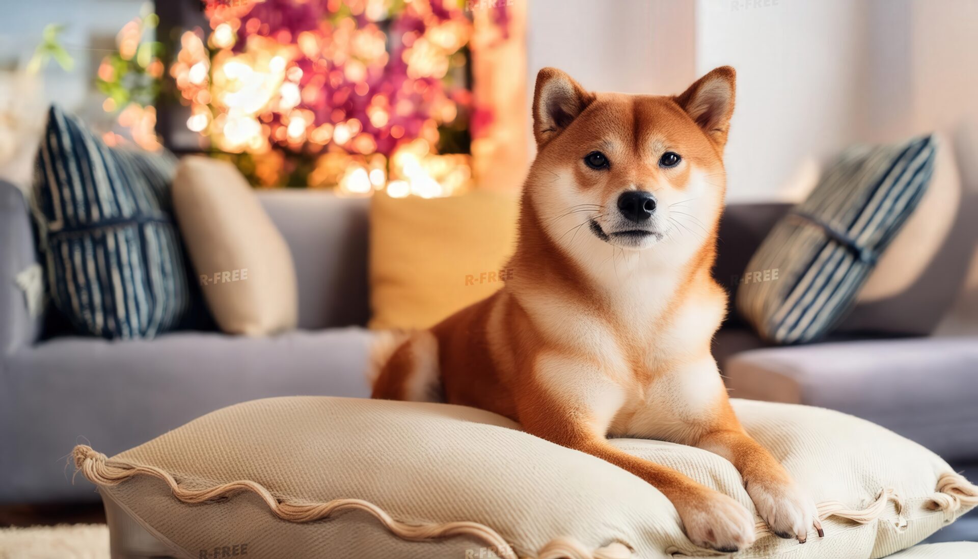 華やかな背景の柴犬