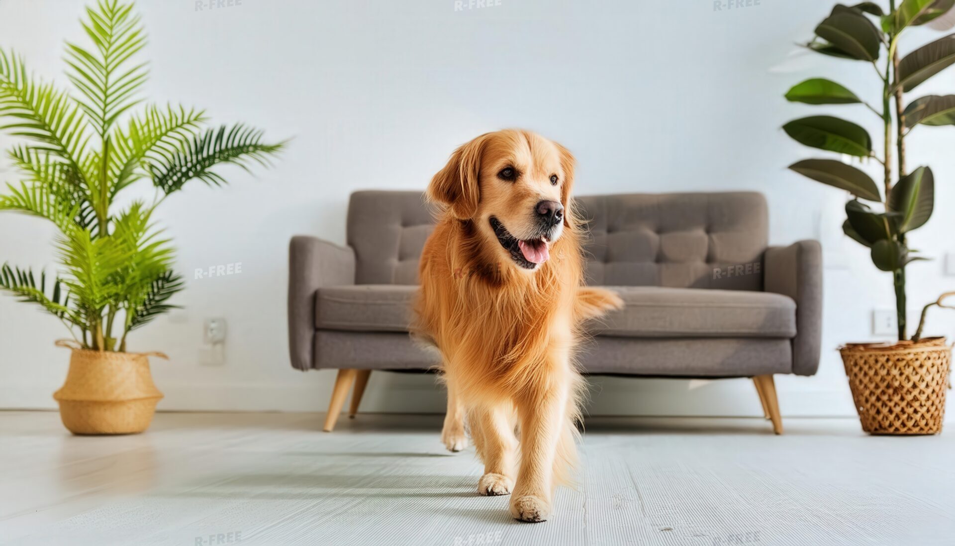 観葉植物と暮らす犬のいる風景