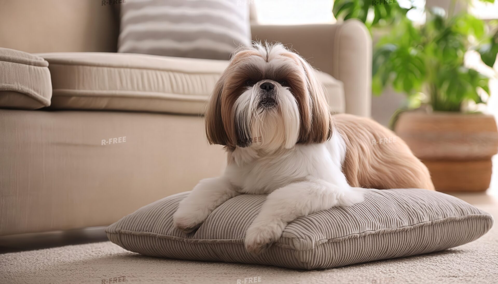 お気に入りのクッションでのんびりする犬