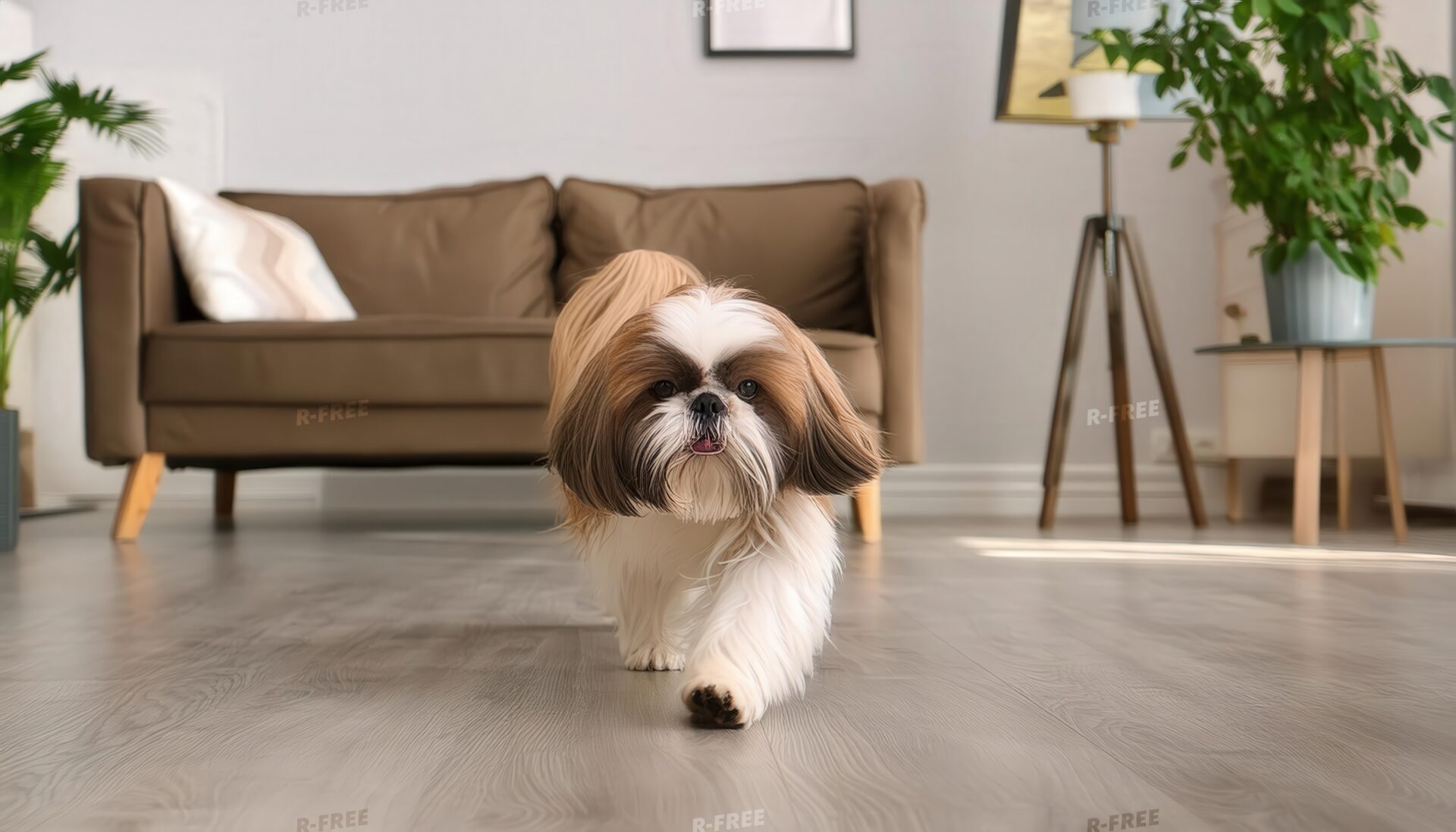 フローリングの上を歩くシーズー犬