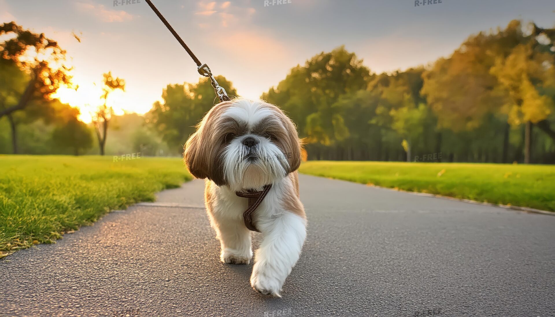 夕方の公園を散歩するシーズー犬