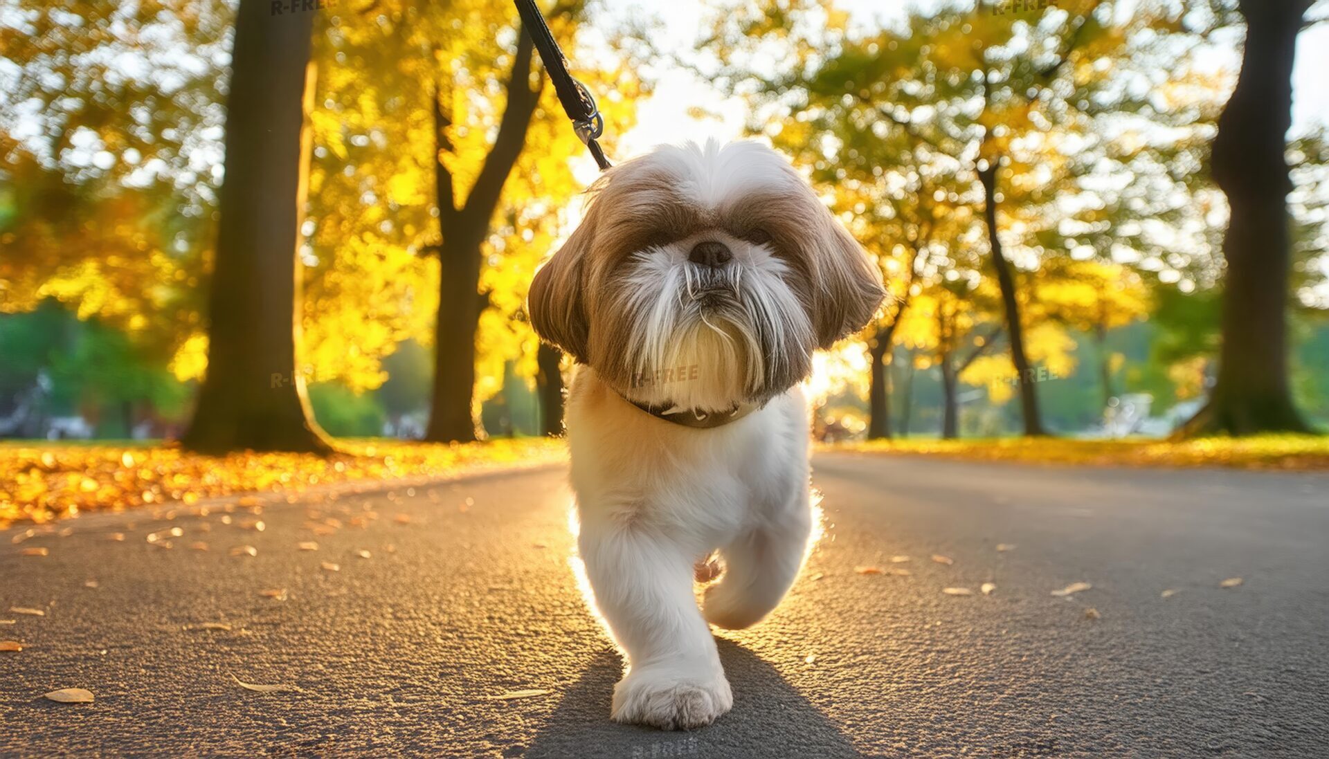 秋の公園を歩くシーズー犬