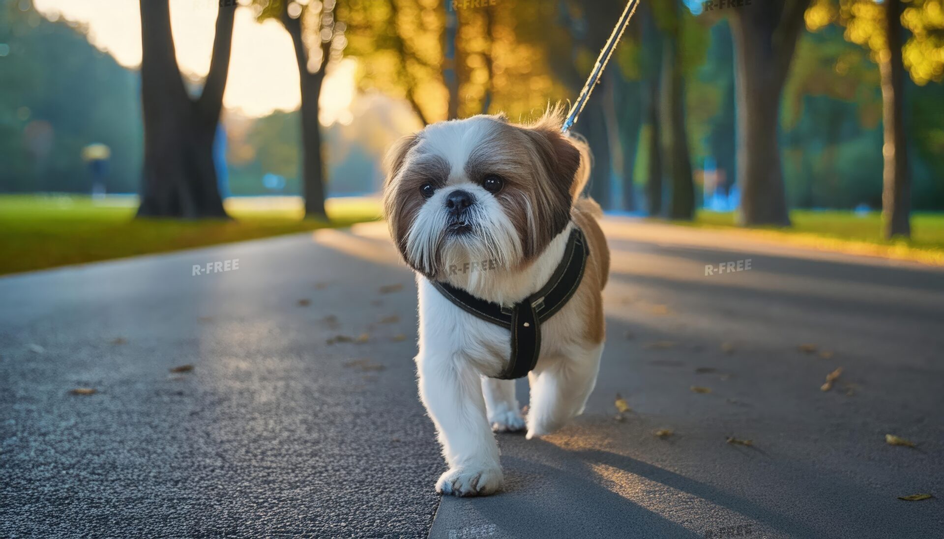 木漏れ日の道を歩くシーズー犬