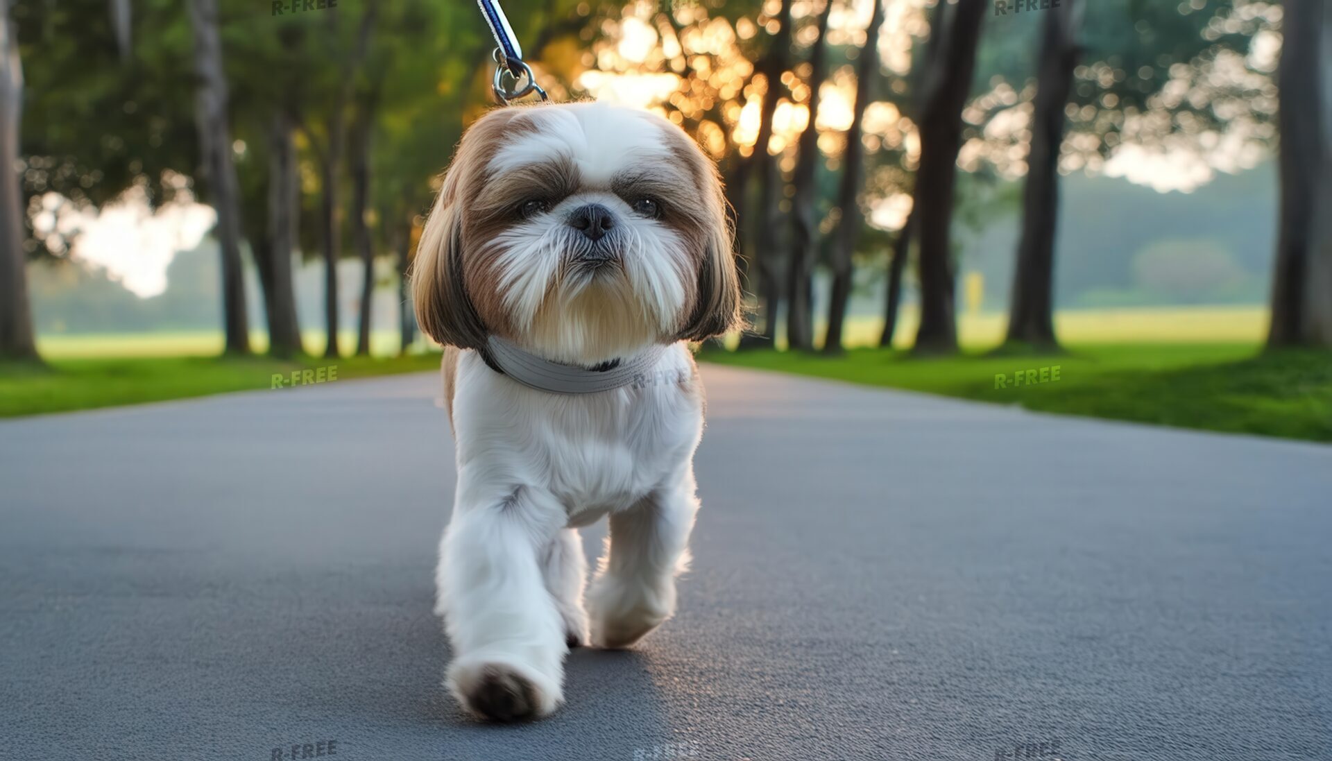 並木道を歩くシーズー犬