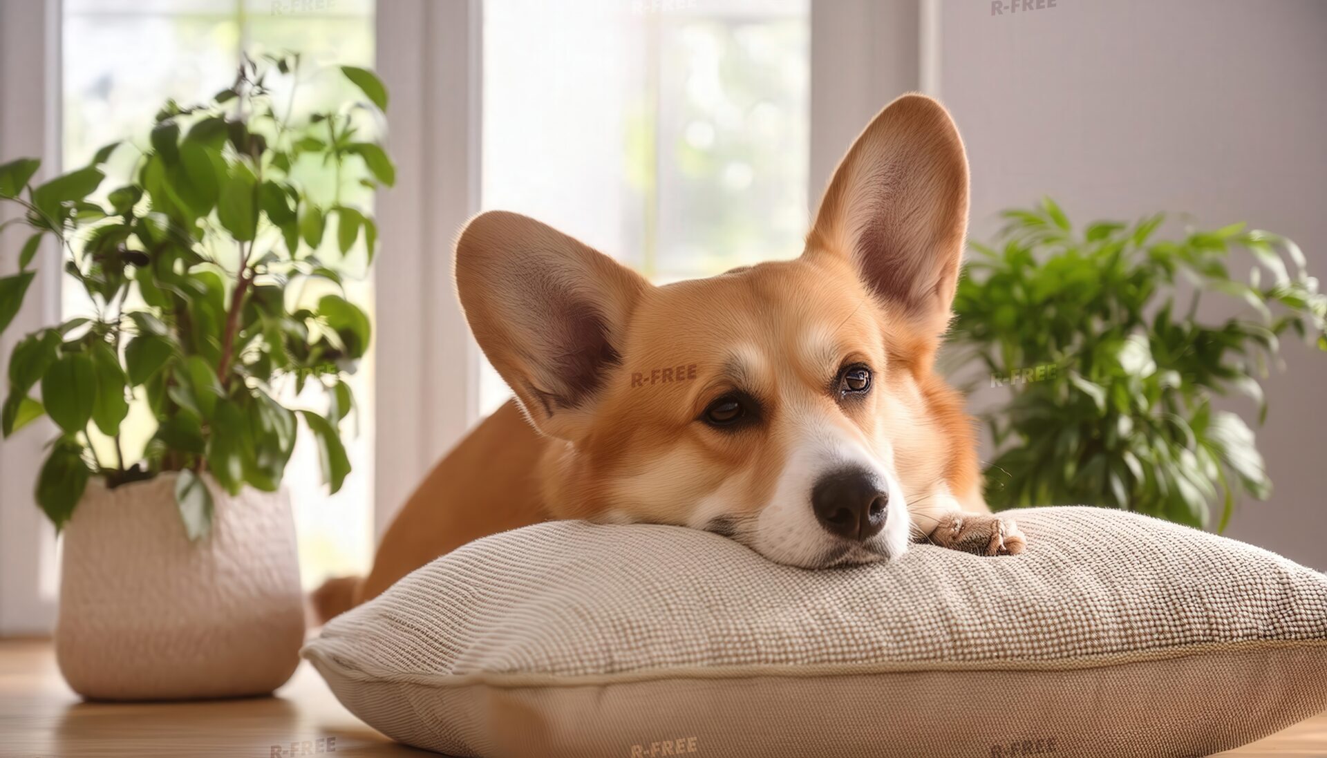 観葉植物に囲まれたコーギー犬