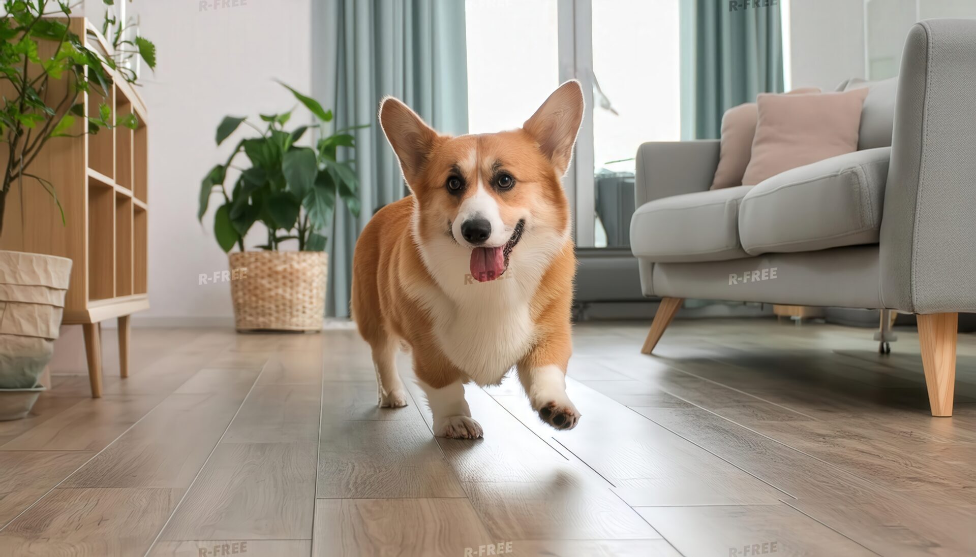 室内のフローリングを歩くコーギー犬