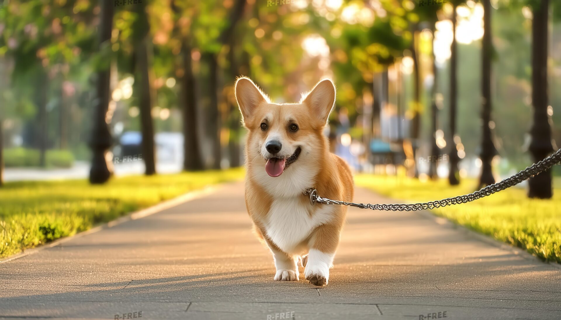 公園を歩くコーギー犬