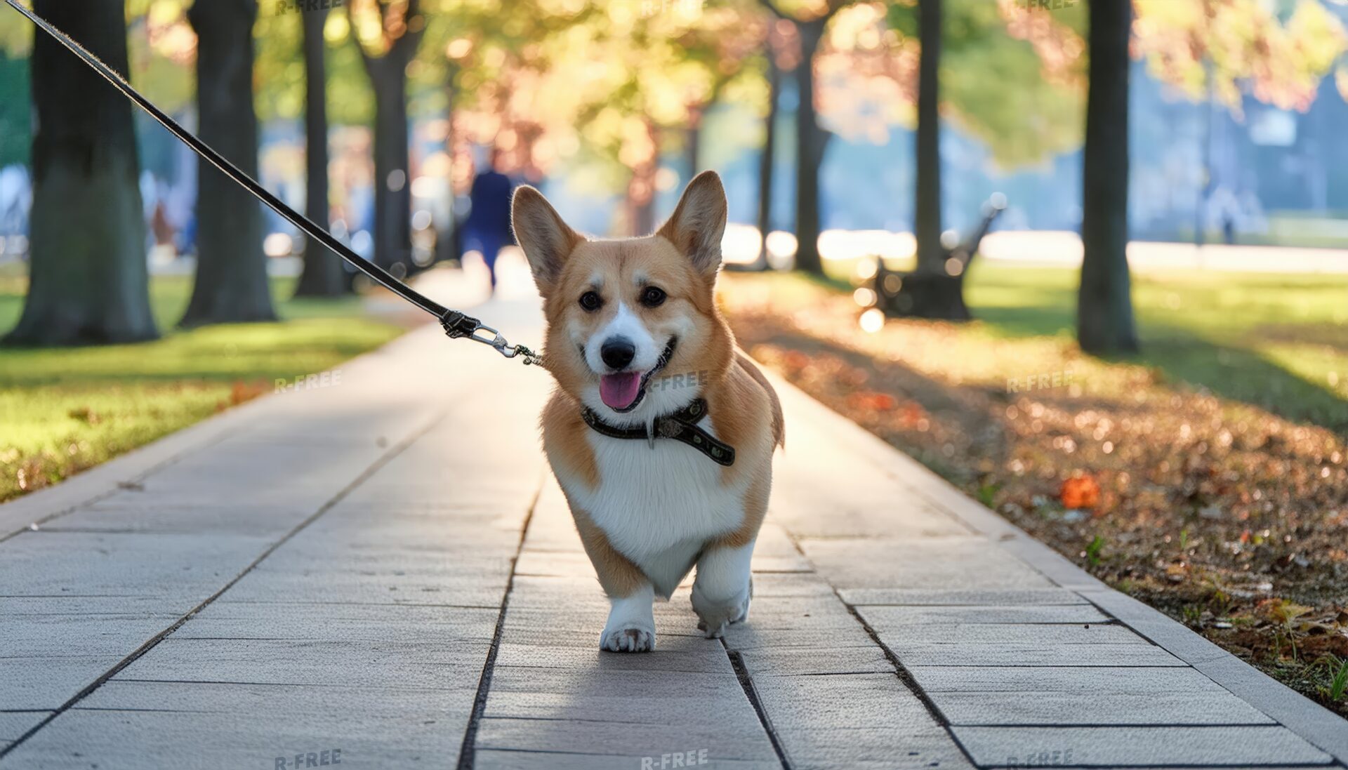 秋の並木道を歩くコーギー犬