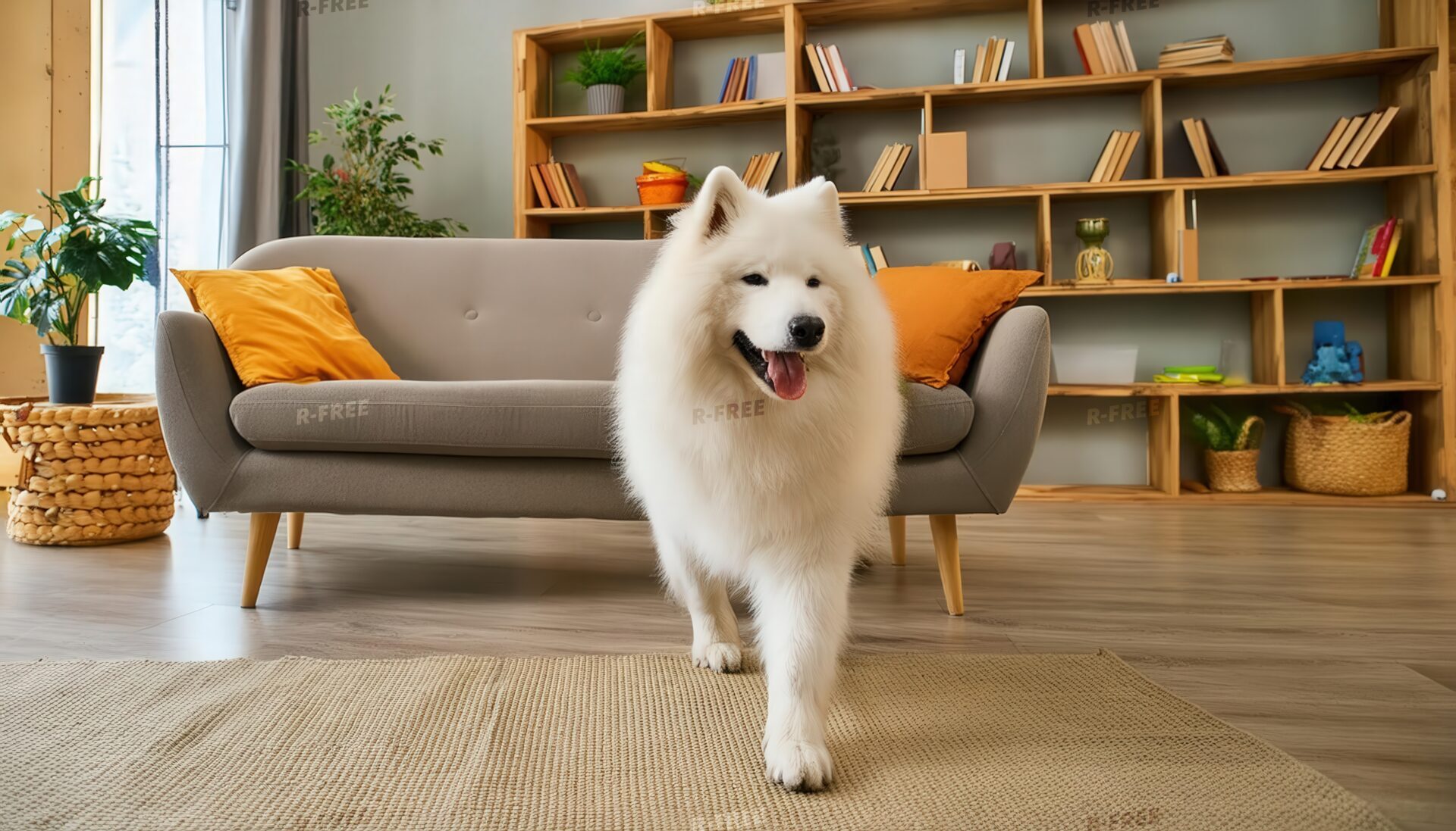 本棚のある部屋と白い犬