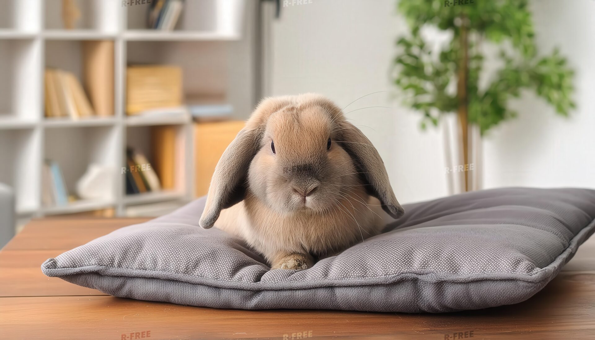 書棚のある部屋のうさぎ