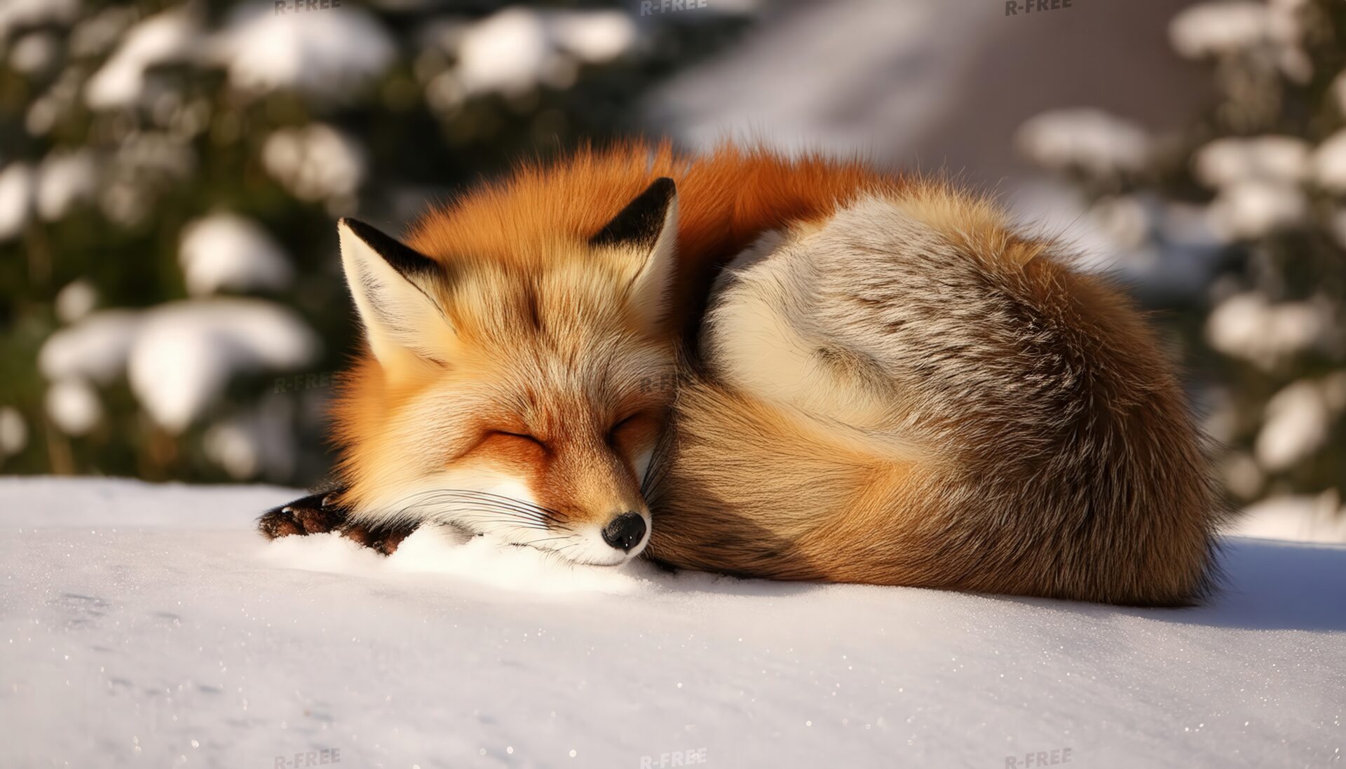 降雪の中で眠るキツネ