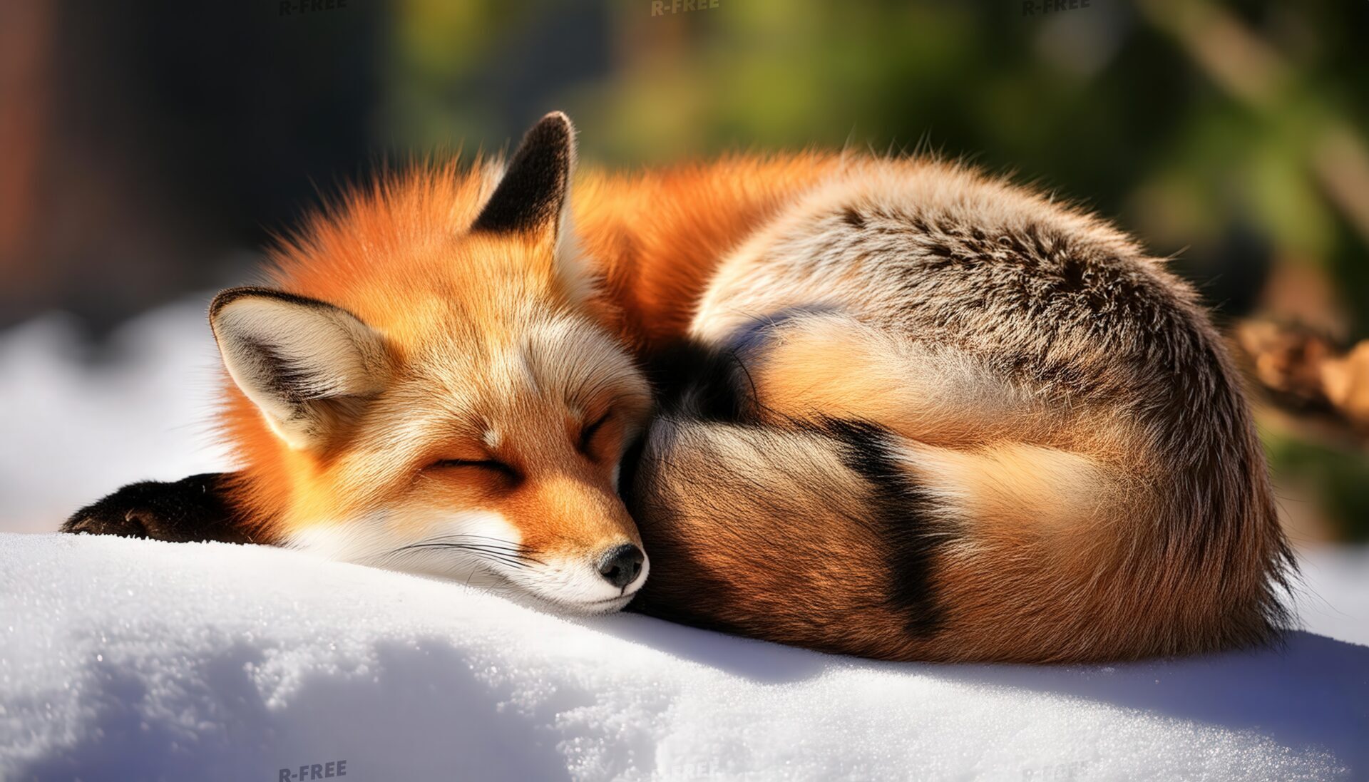 雪の上で丸くなり尾を巻いて眠るキツネ
