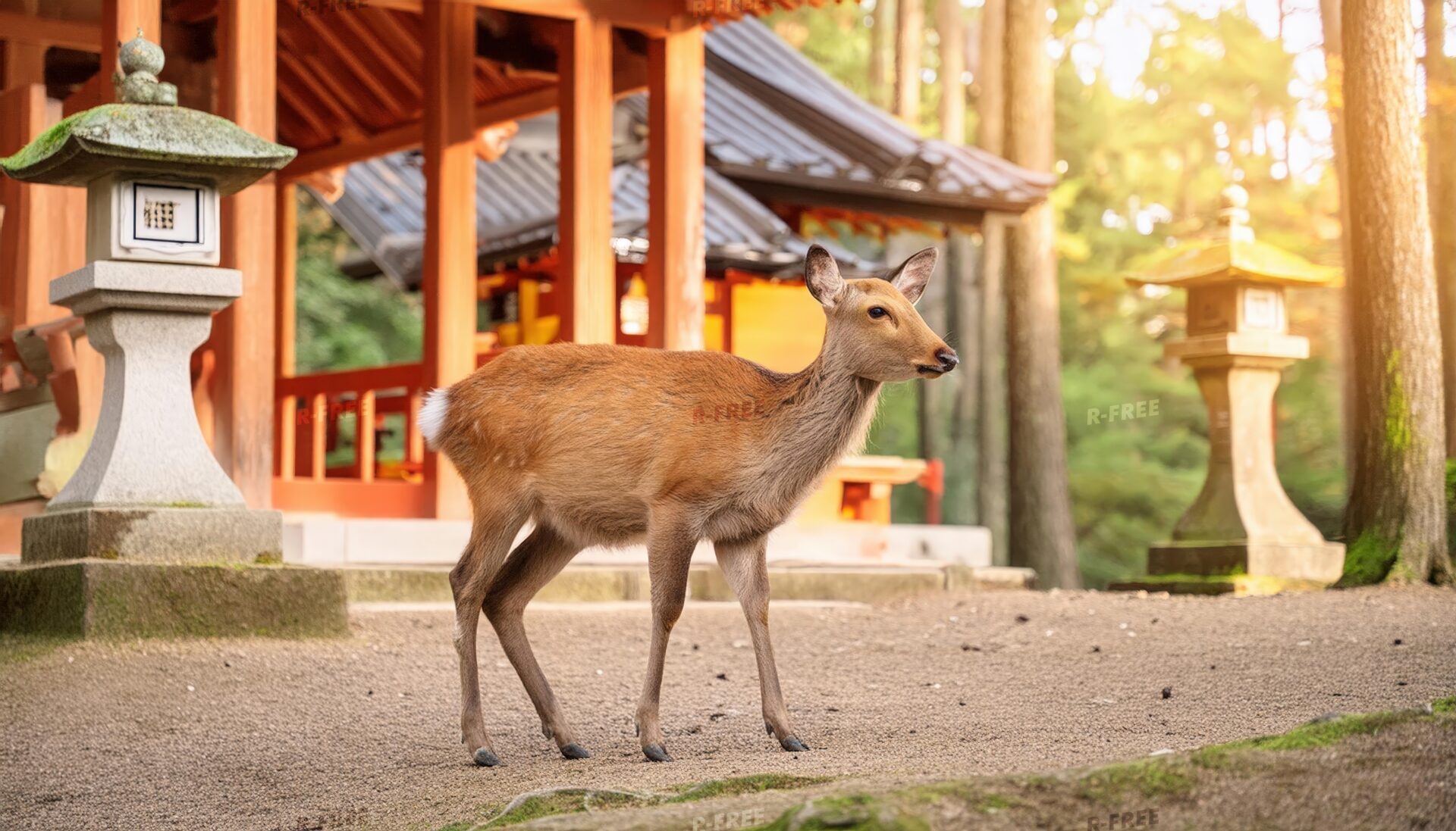 夕暮れの神社と鹿