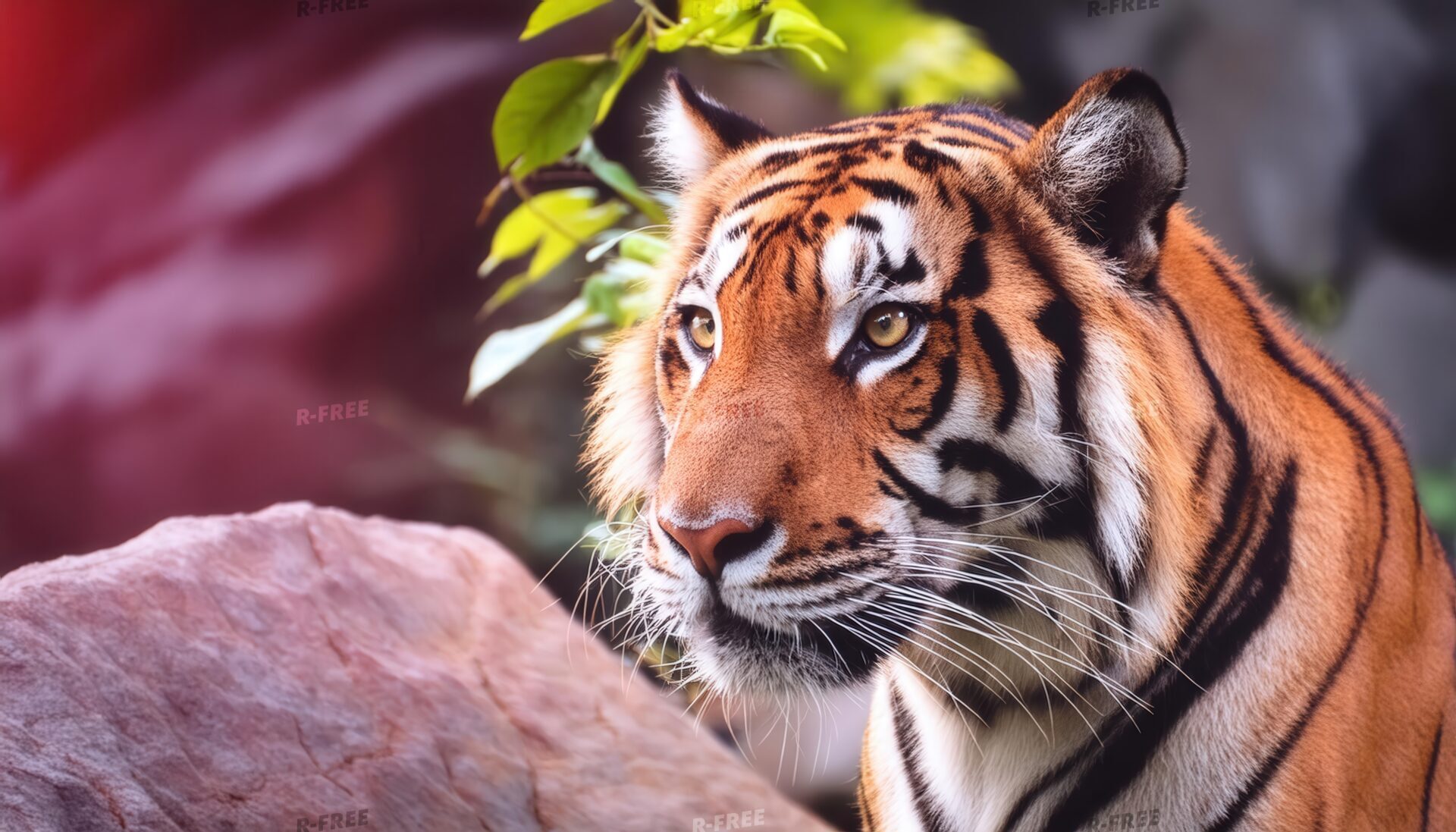 緑に囲まれたトラの正面を見つめる上半身と岩