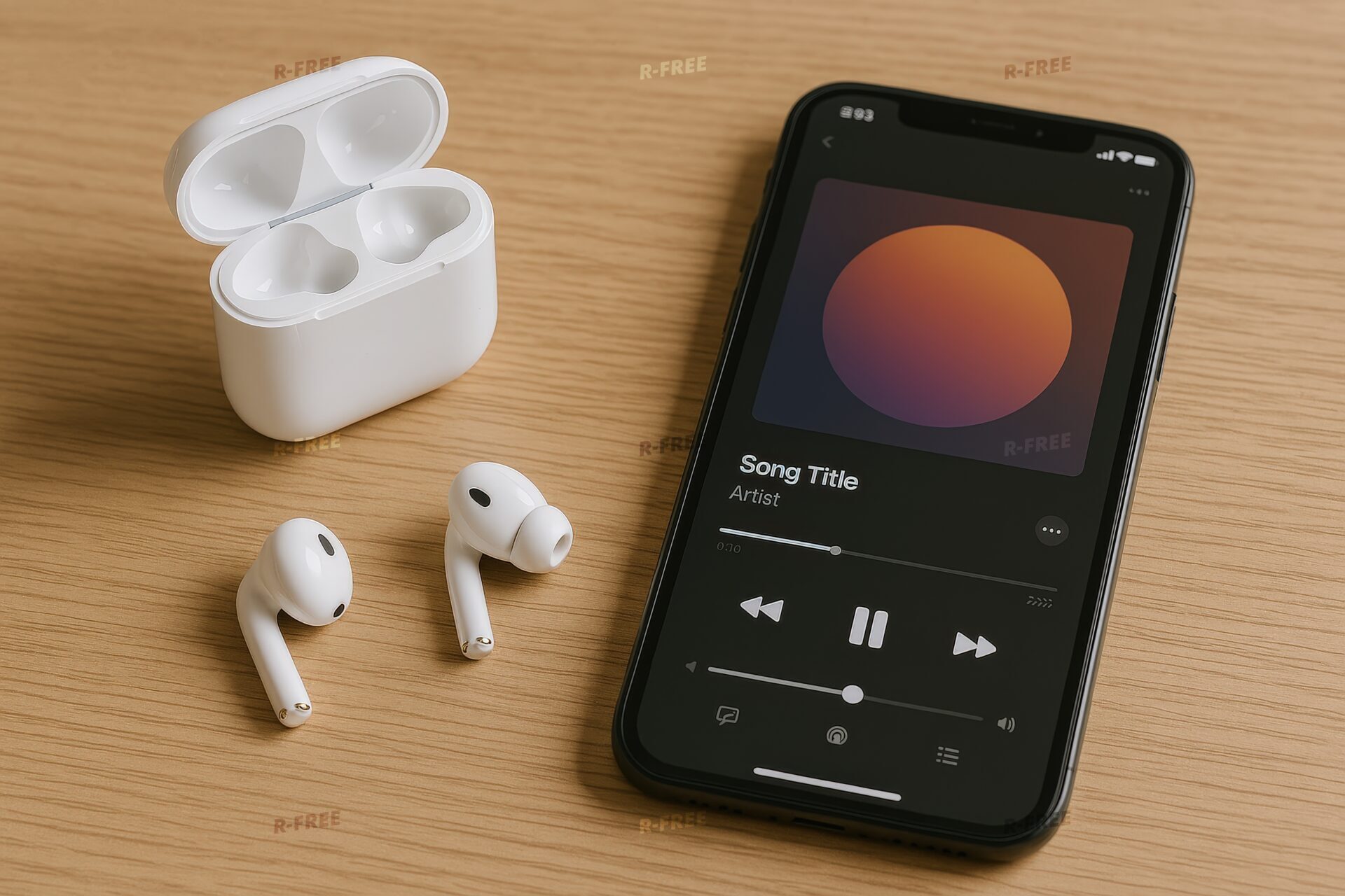 音楽再生中のスマホとイヤホンセット