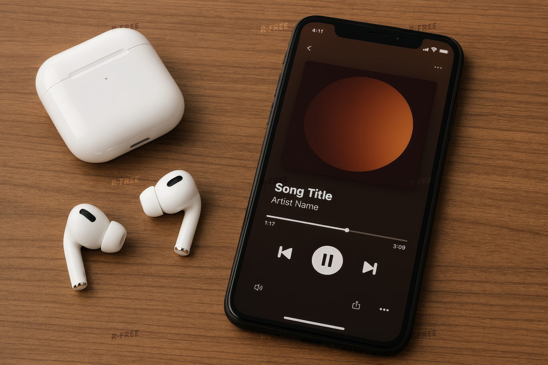 木目テーブルに置かれたワイヤレスイヤホンと音楽再生中のスマートフォン