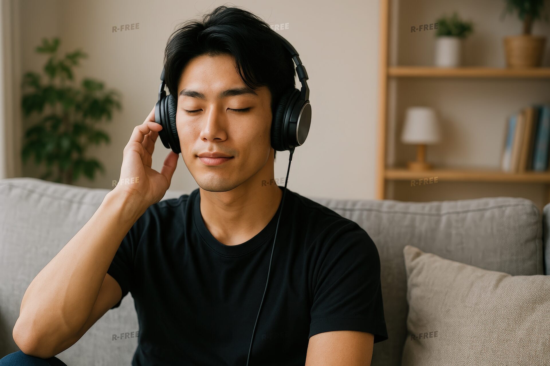目を閉じて音楽を聴く黒いTシャツの男性