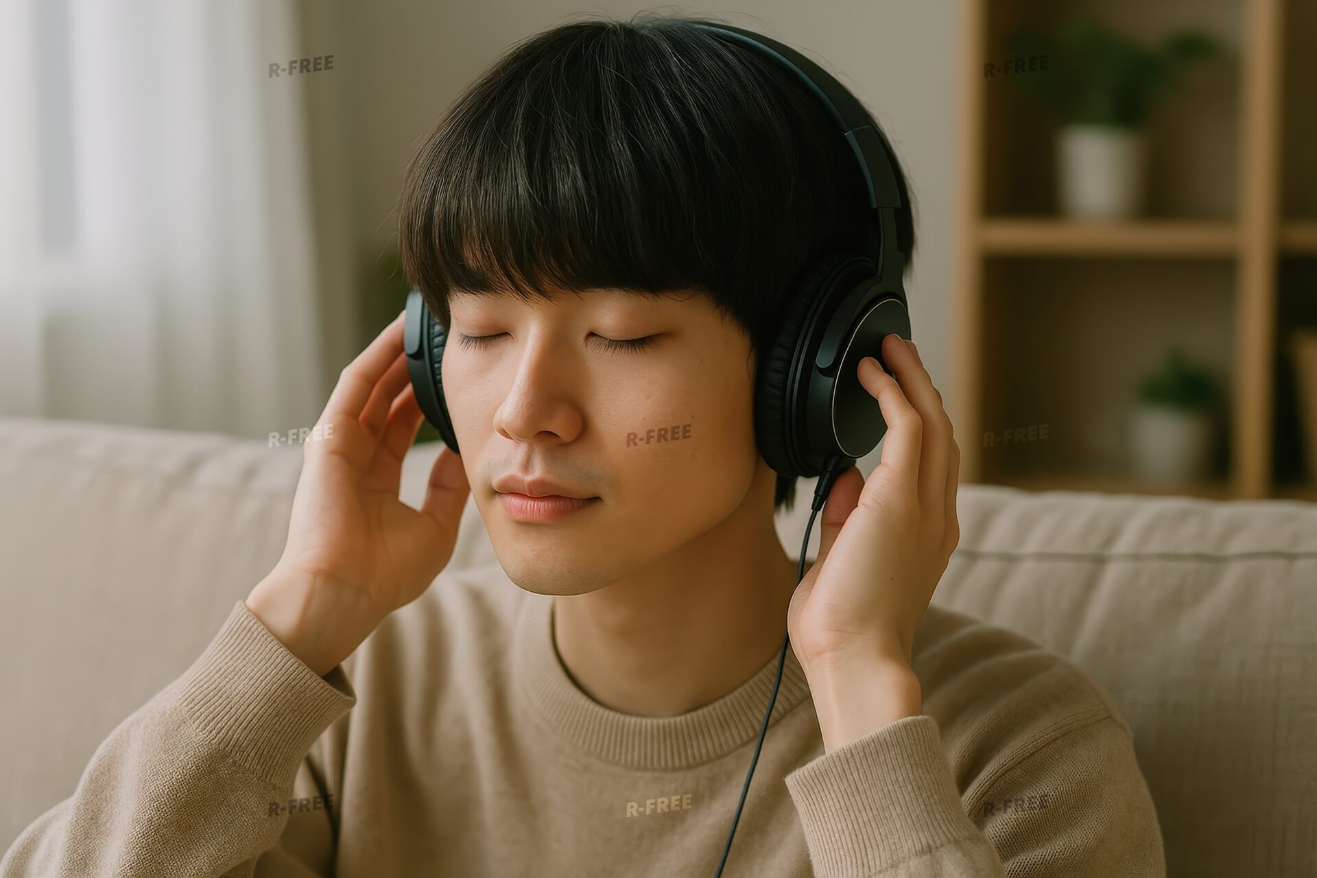 ヘッドホンで音楽に浸る男性（ベージュ）