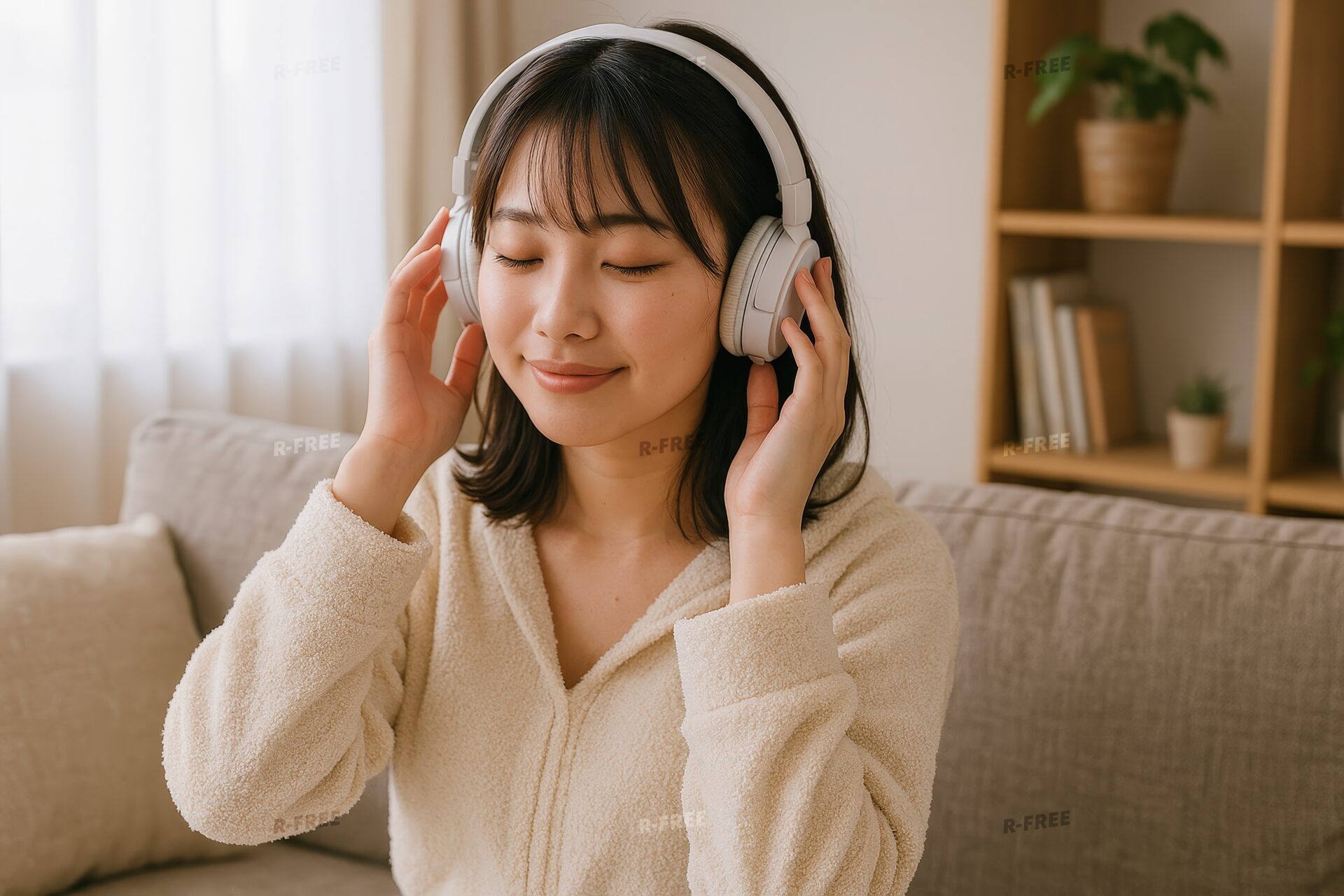 白いヘッドホンで音楽を楽しむ女性