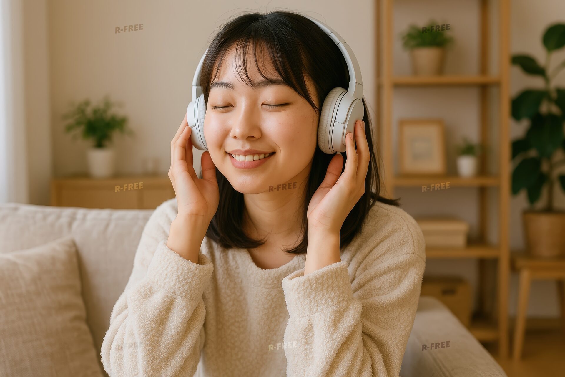 笑顔で音楽を聴く女性