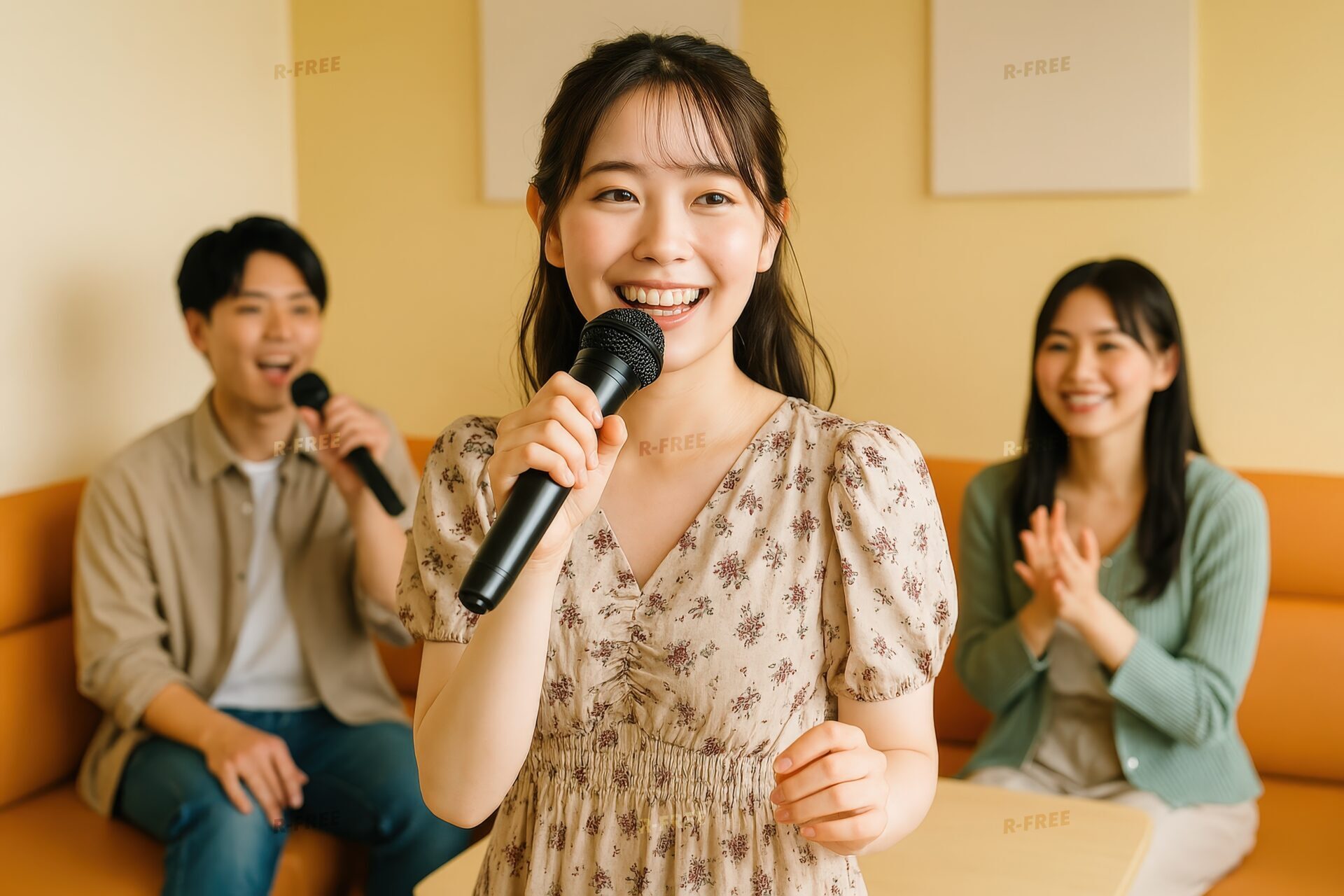 カラオケを楽しむ若者たちと中央で笑顔で歌う女性