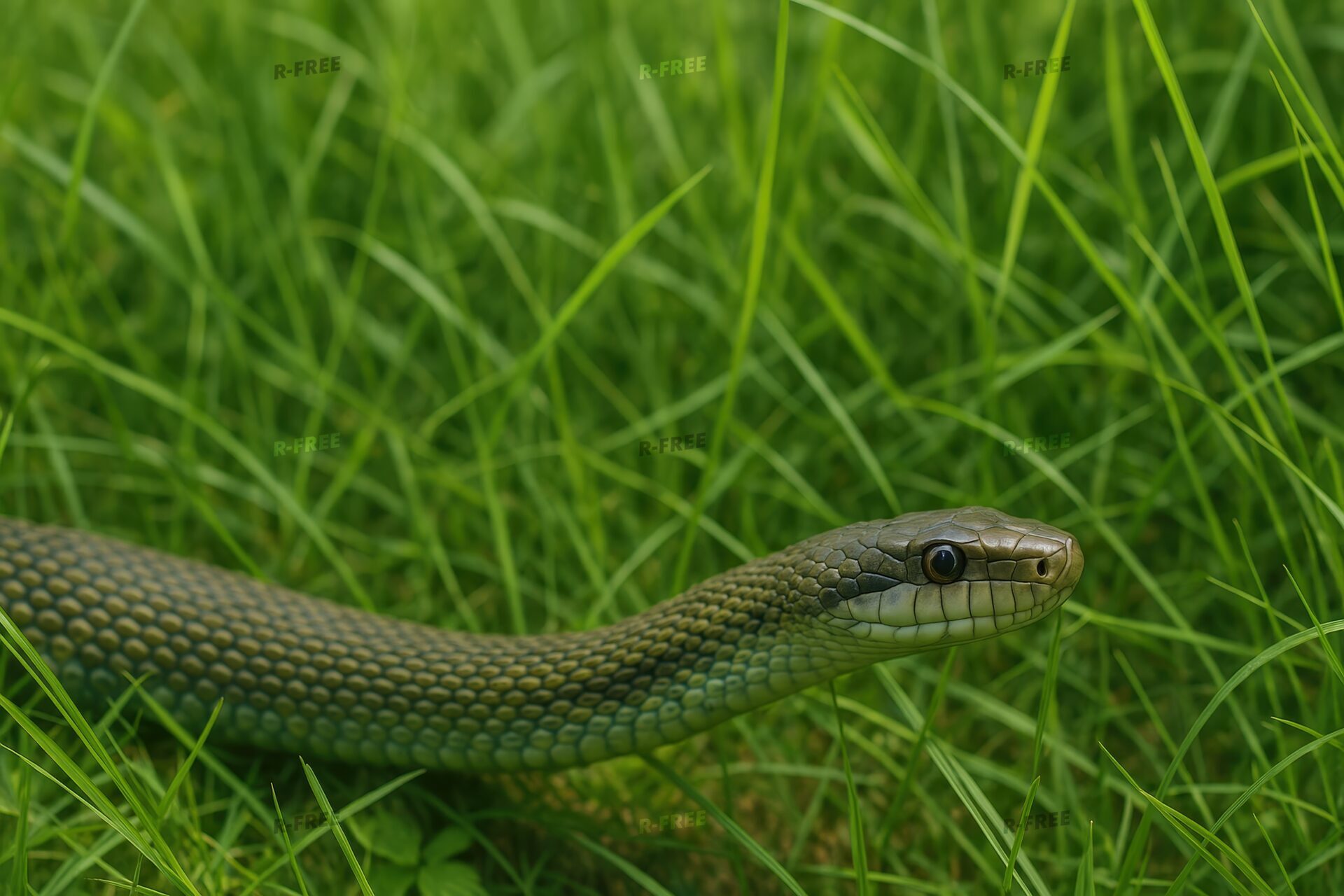 草地を這うアオダイショウ